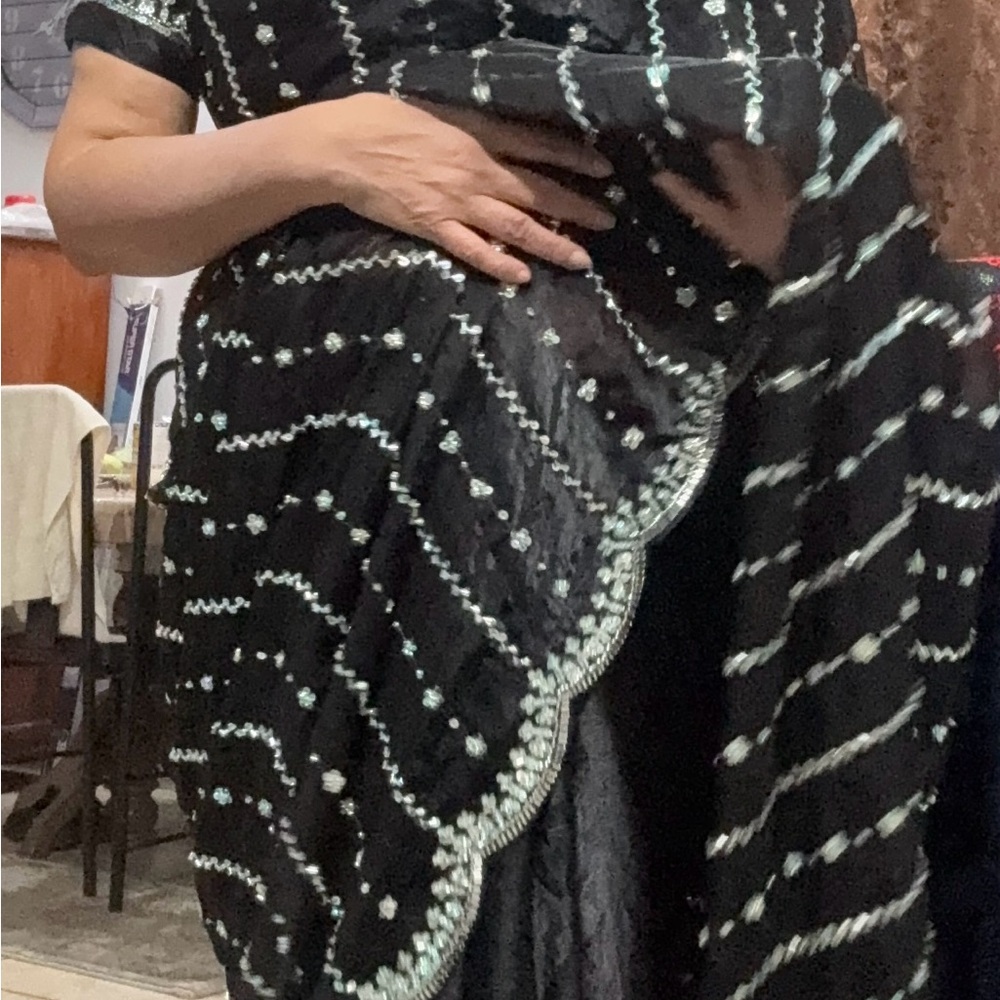 Black stone work hand embroidery saree with ready made designer blouse!